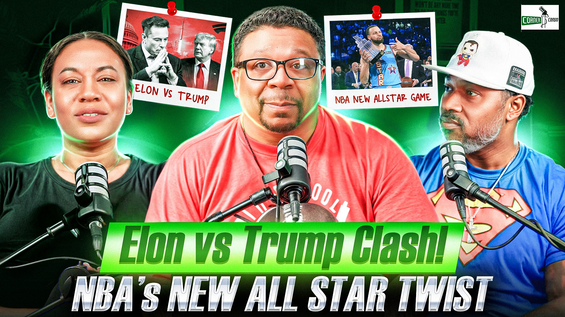 Podcast thumbnail with Elon vs Trump and NBA All Star headlines, green glow design.