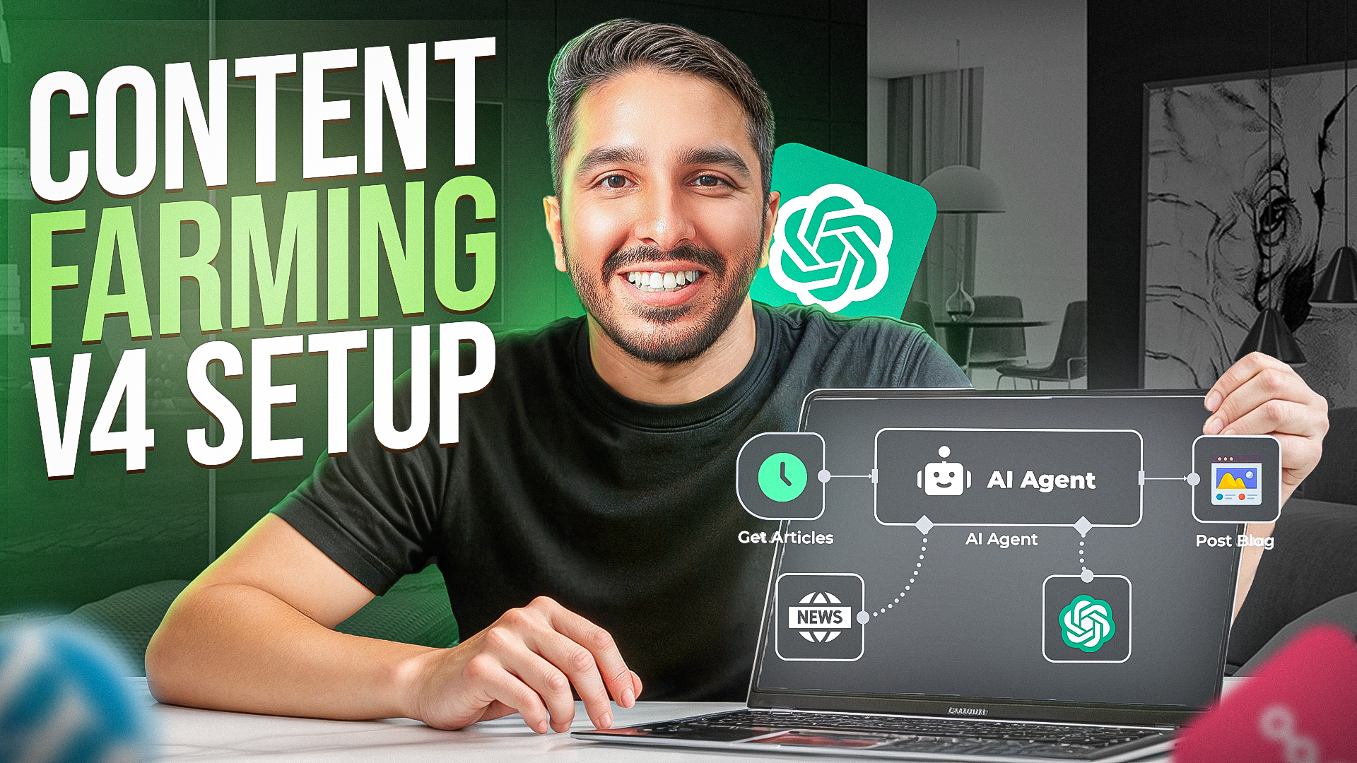 Content Farming V4 Setup thumbnail showing a person at a laptop with an AI Agent workflow diagram.