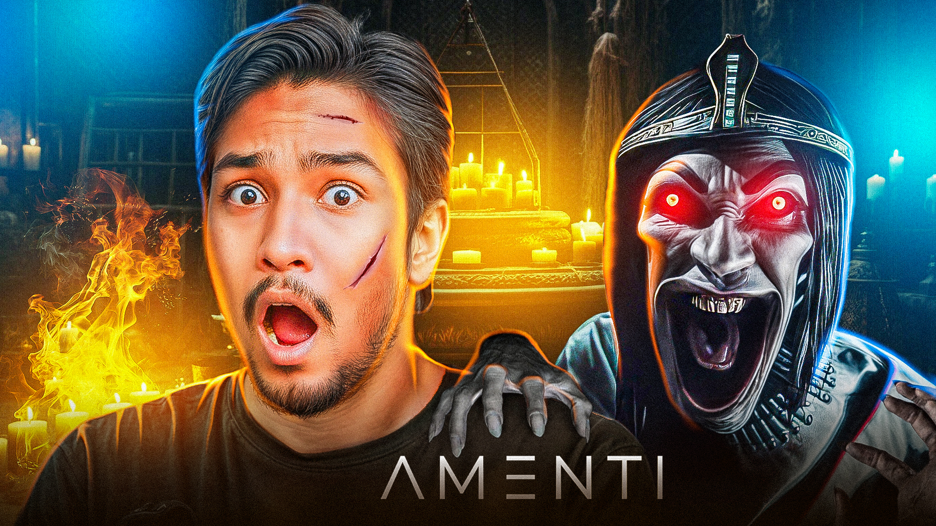 IRL thumbnail with shocked man and mummy Amenti figure.