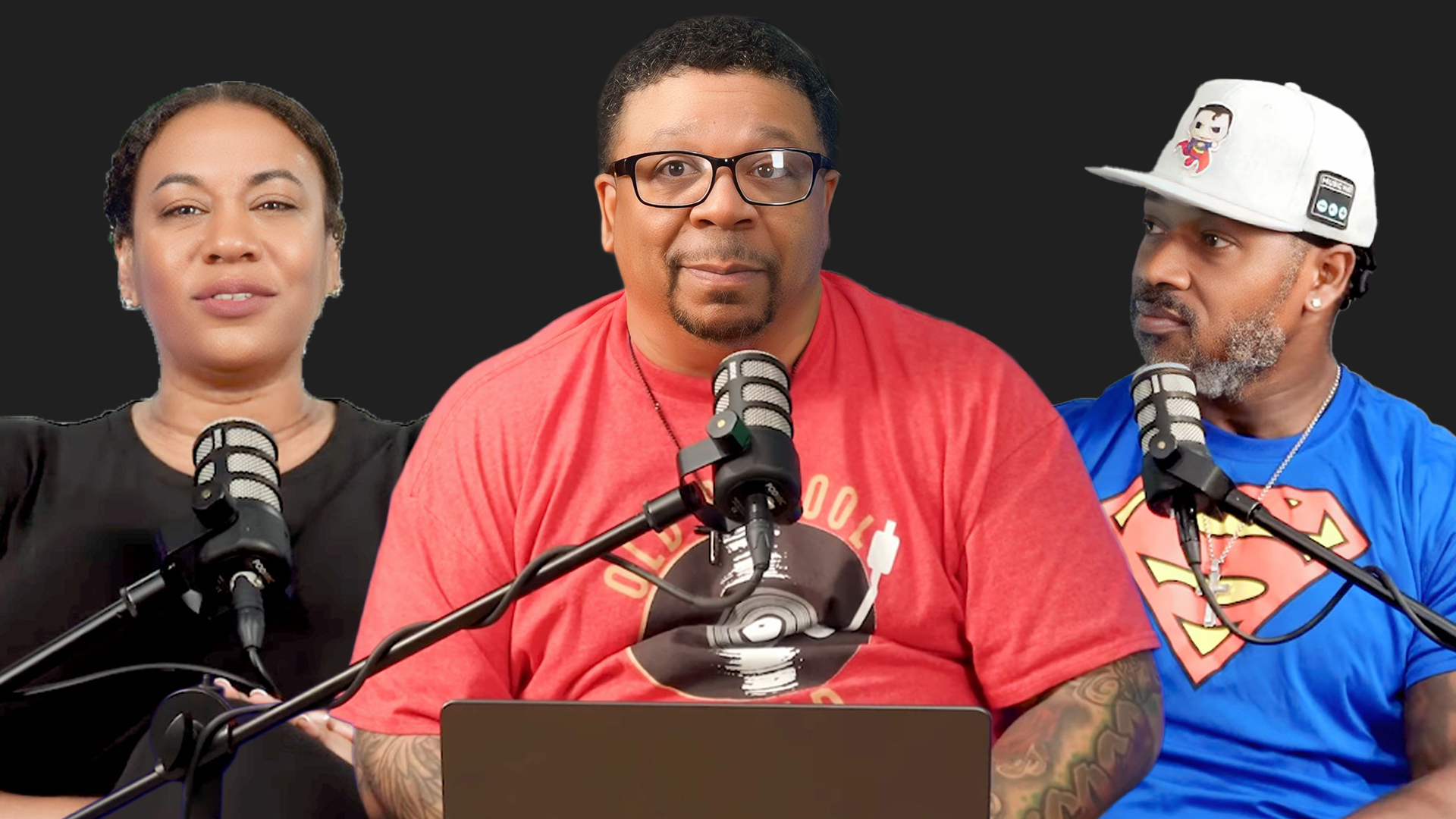Podcast hosts sitting with microphones before editing.