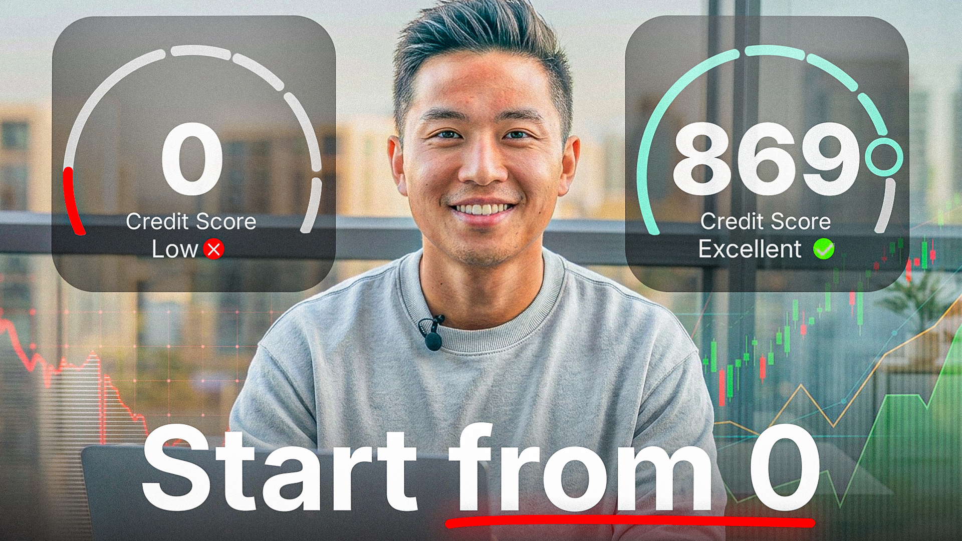 Finance thumbnail showing a before-and-after credit score transformation with charts and a host centered between both states.