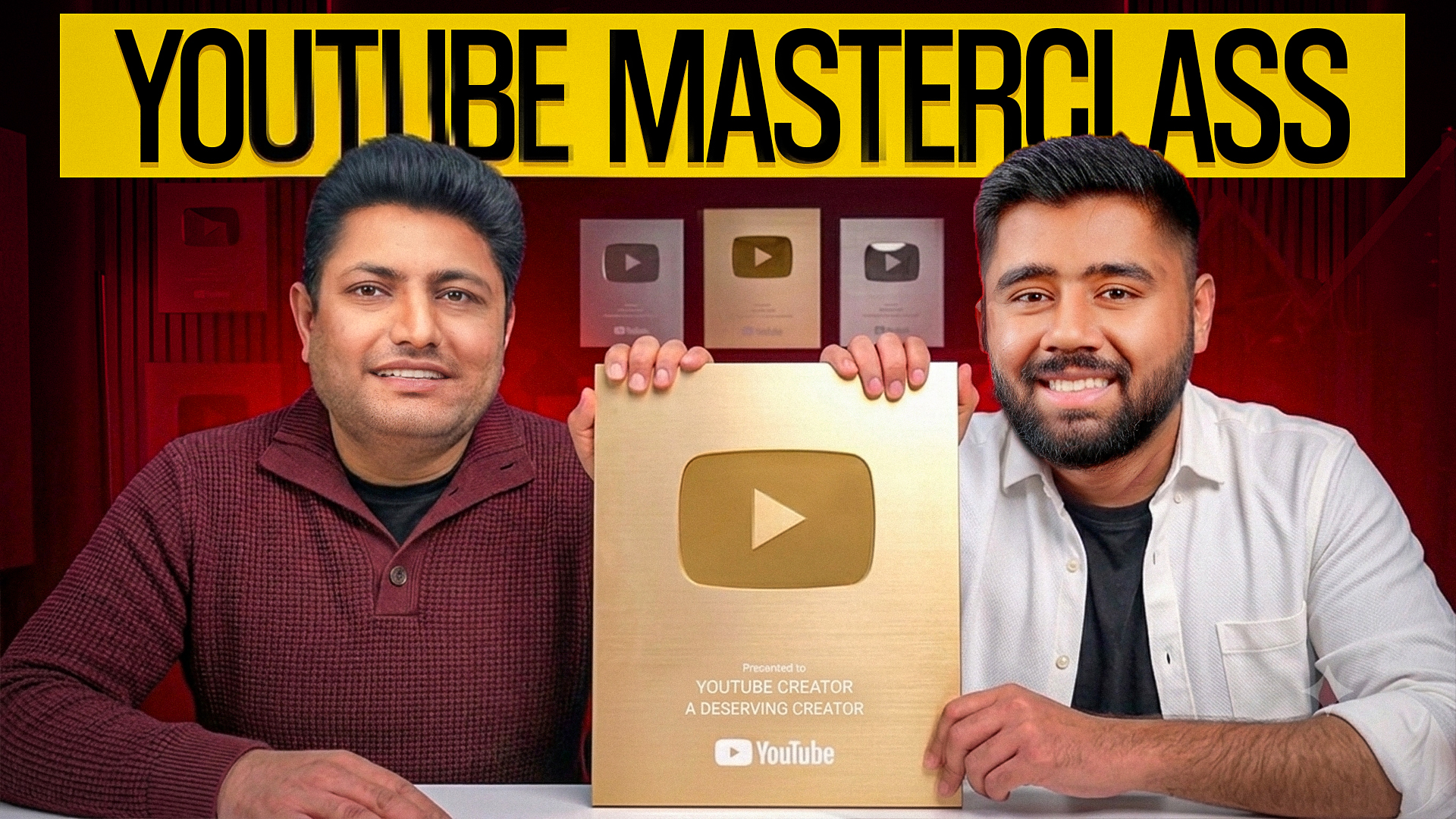 YouTube Masterclass thumbnail with two creators holding a gold YouTube play button award.