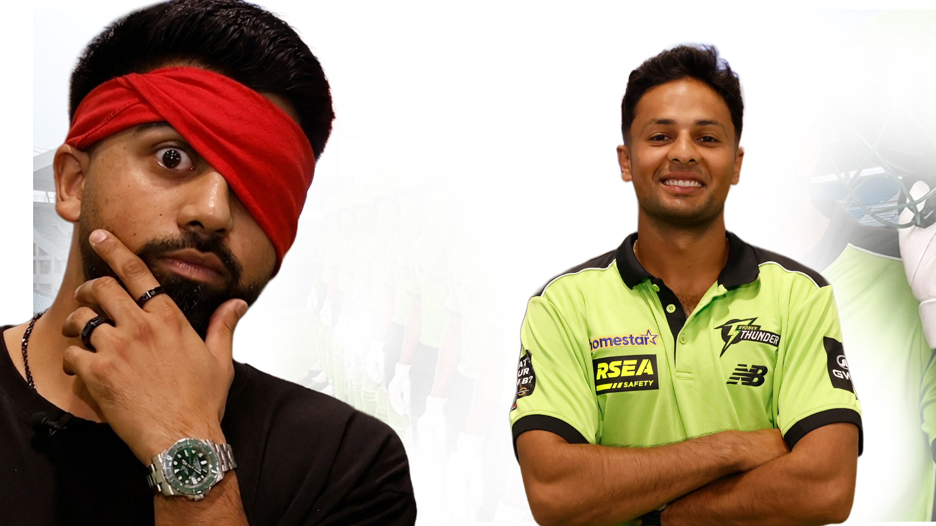 Before version showing cricket players in casual jerseys with plain background.