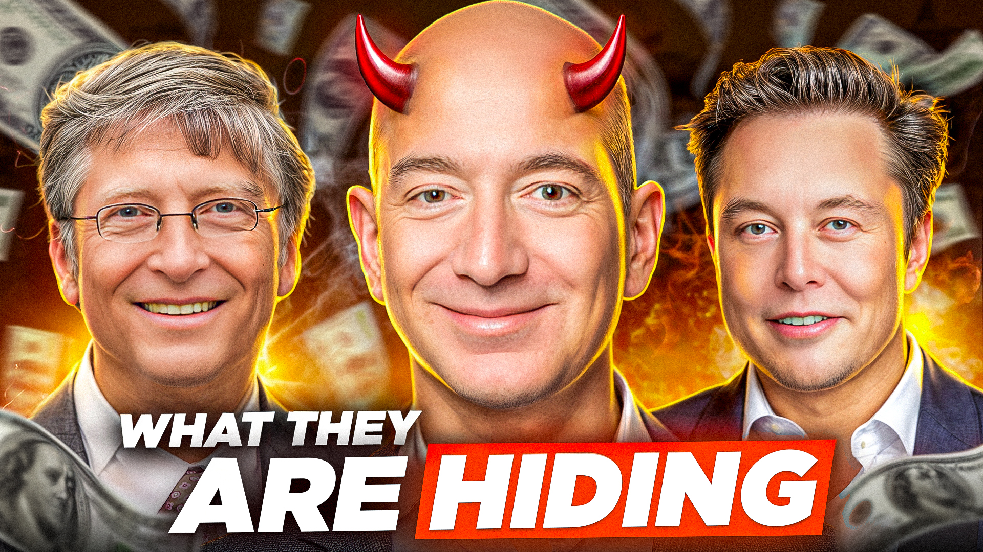 Thumbnail showing Bill Gates, Jeff Bezos with devil horns, and Mark Zuckerberg with bold WHAT THEY ARE HIDING headline.