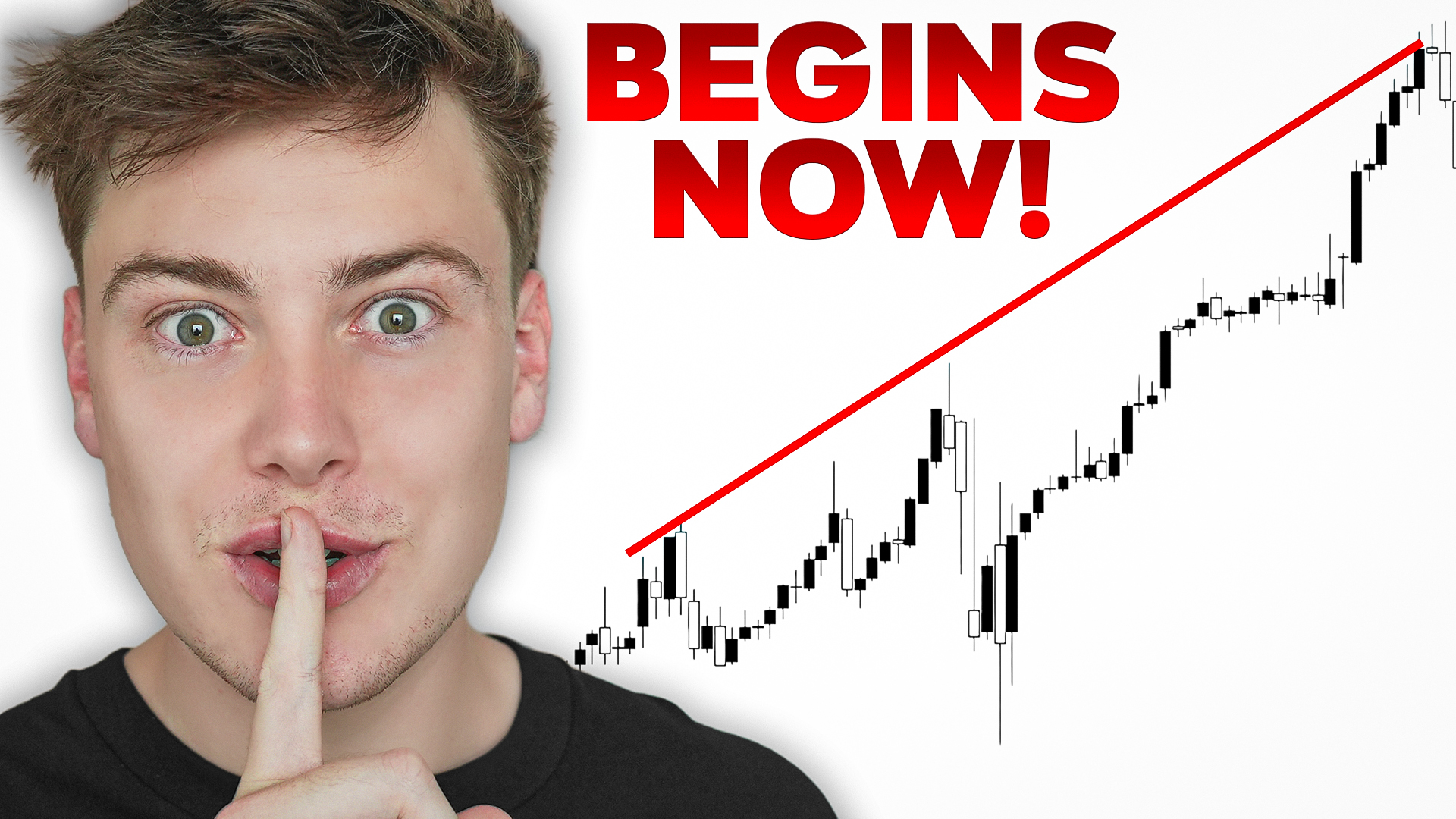 Finance thumbnail with a creator face, upward chart line, and bold begins now headline.