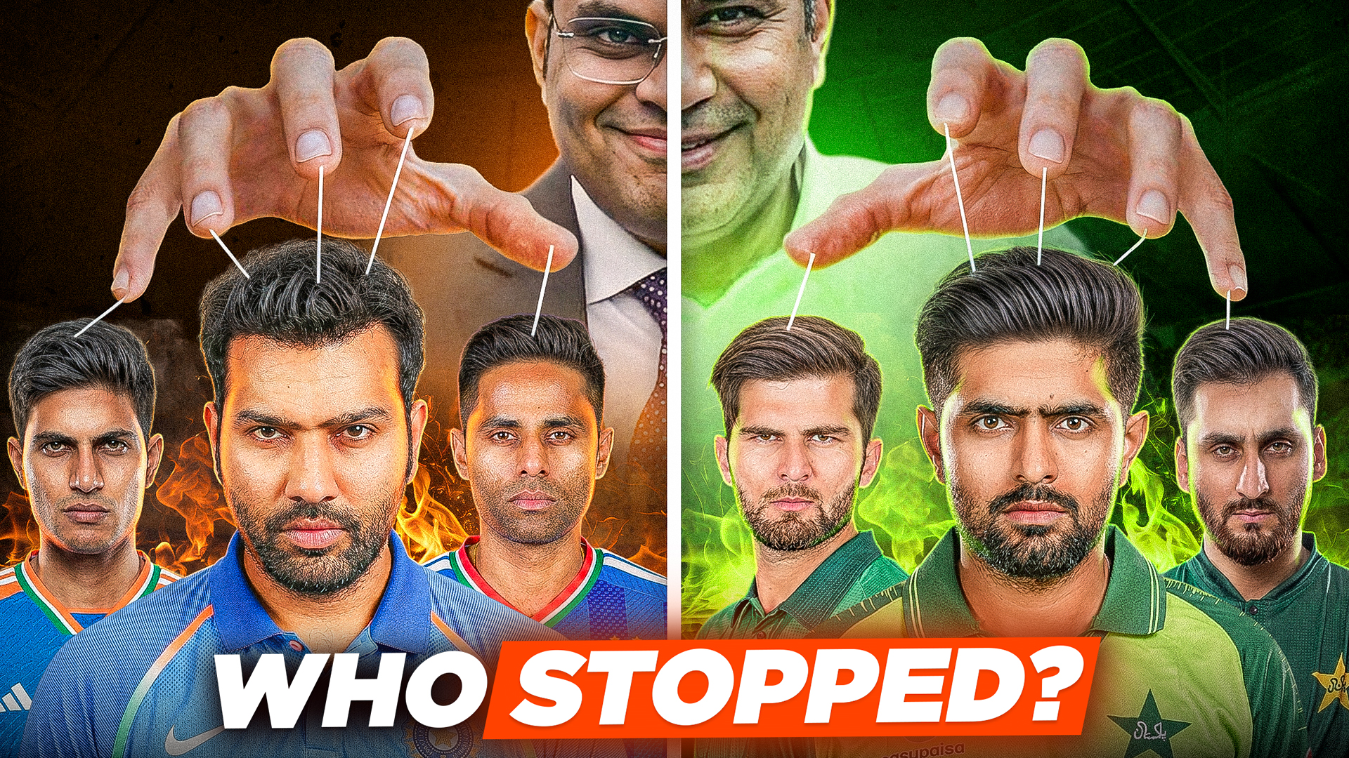 Cricket thumbnail split design showing Indian and Pakistani players with bold WHO STOPPED? headline.