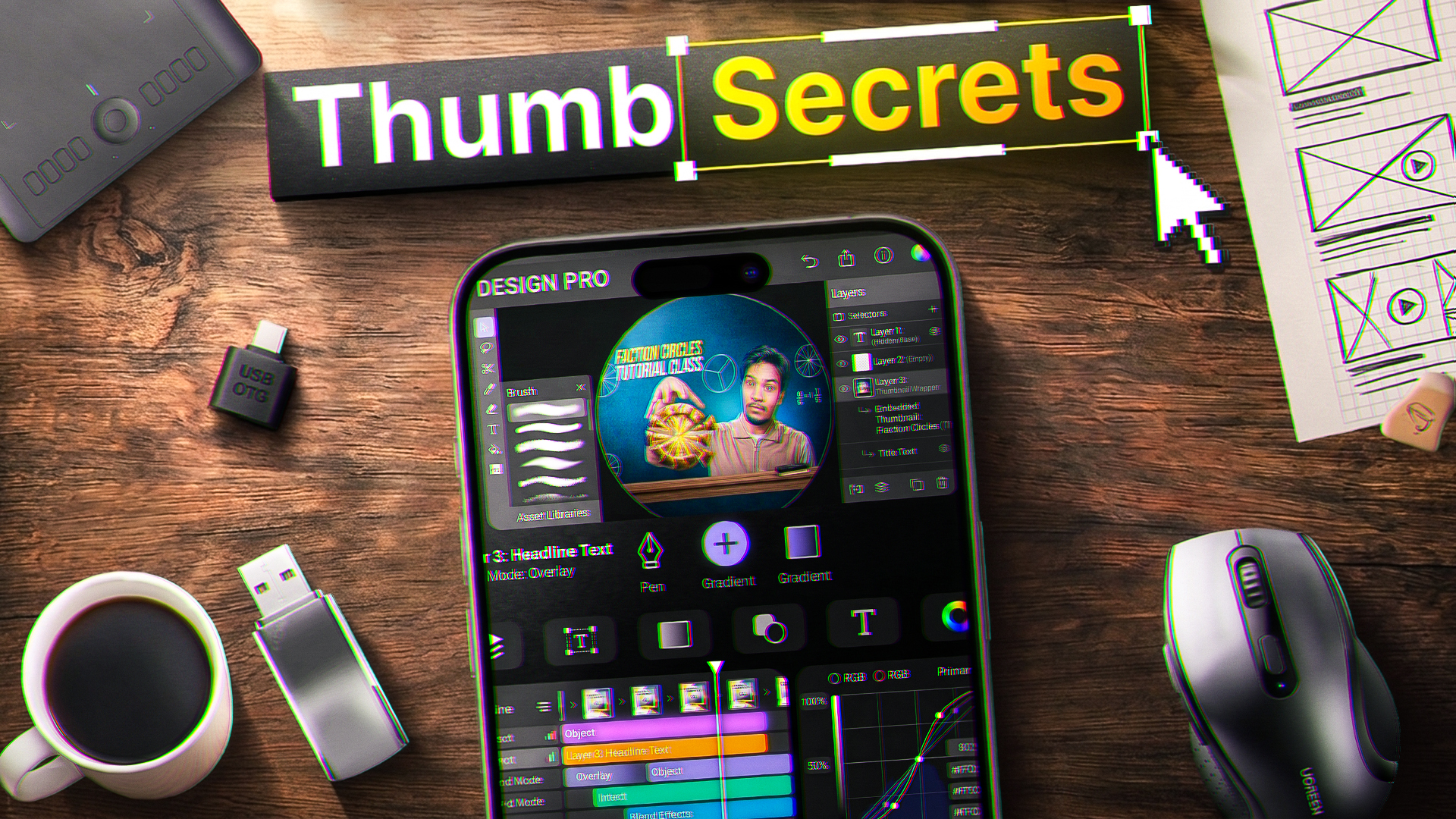 Desk setup thumbnail showing mobile thumbnail design workflow and thumb secrets headline.